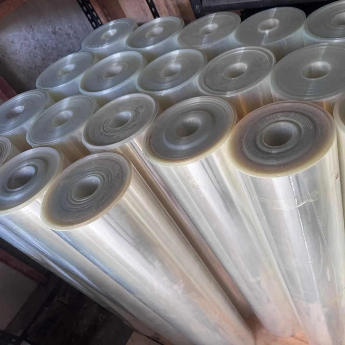Rolls of Mylar drumhead film seen end-on